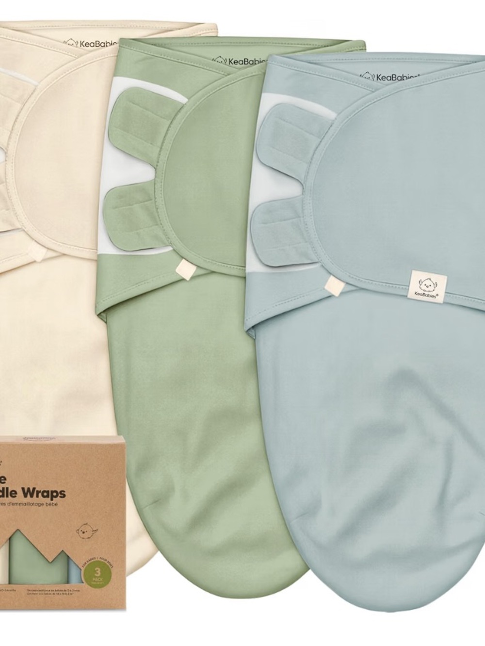 KeaBabies 3-Pack Baby Swaddle Wraps - Cream, Sage, Sky Blue